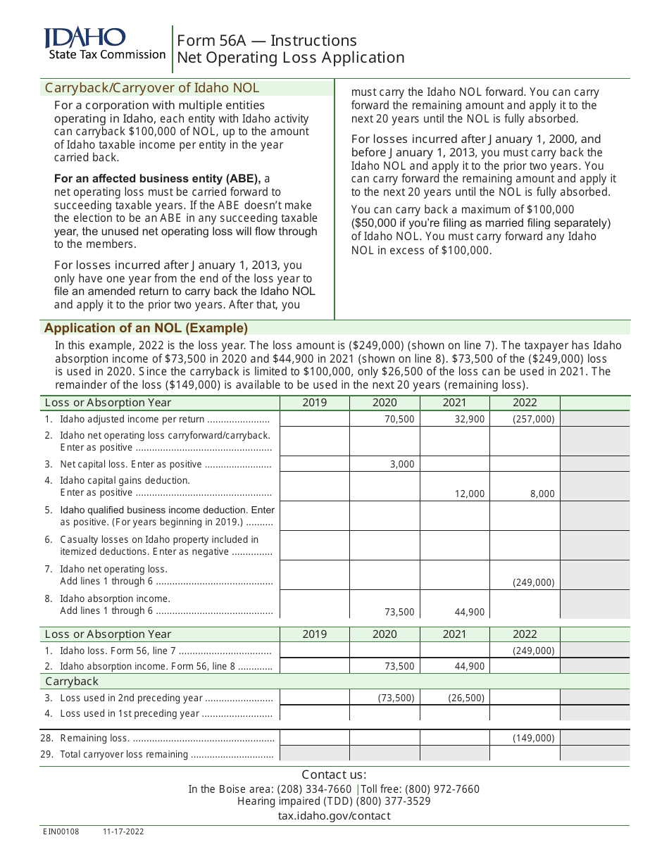 Form 56A (EFO00331) Net Operating Loss Application - Idaho, Page 4