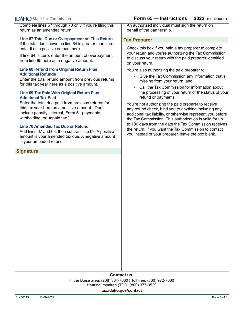 Form 65 (EFO00035) Partnership Return of Income - Idaho, Page 10