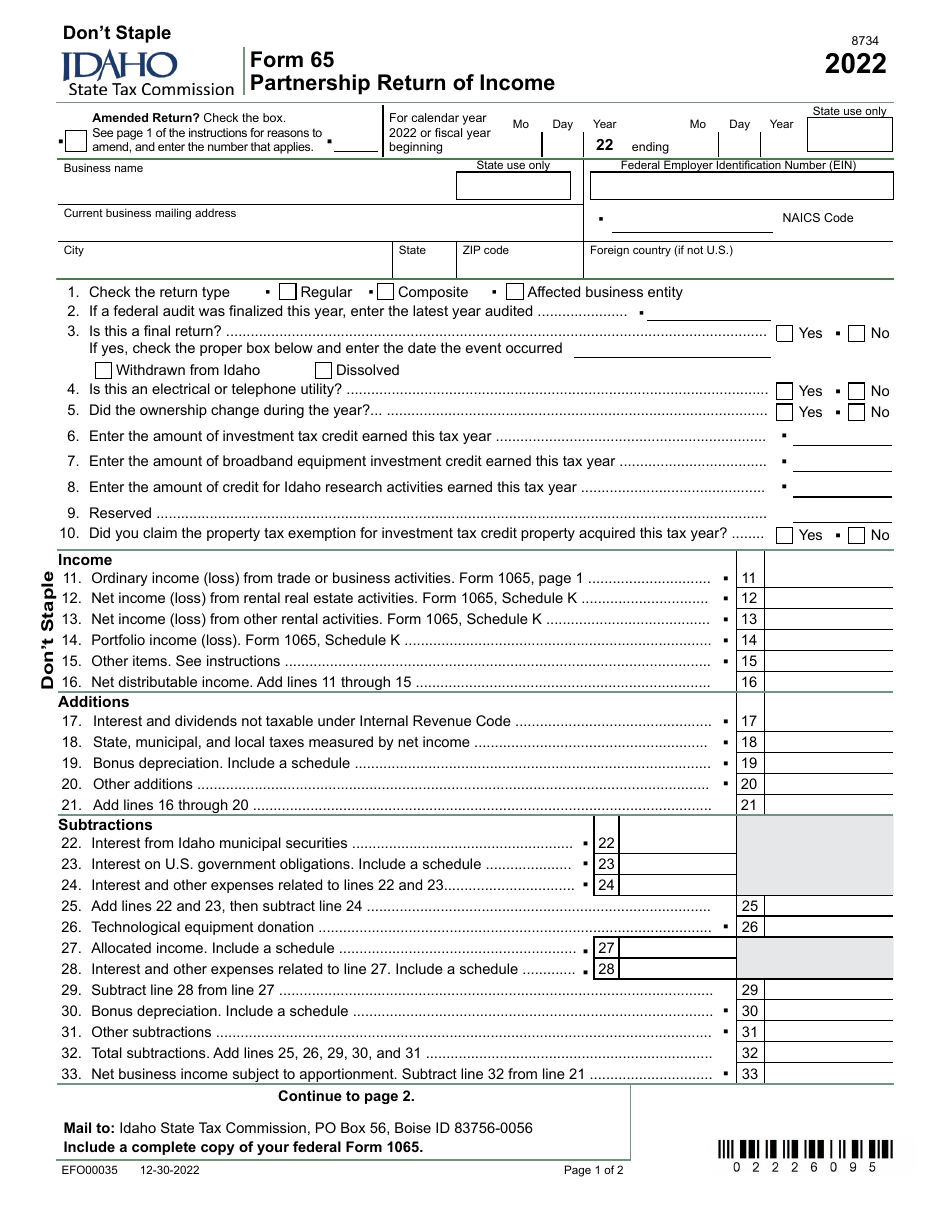 Form 65 (EFO00035) Partnership Return of Income - Idaho, Page 1