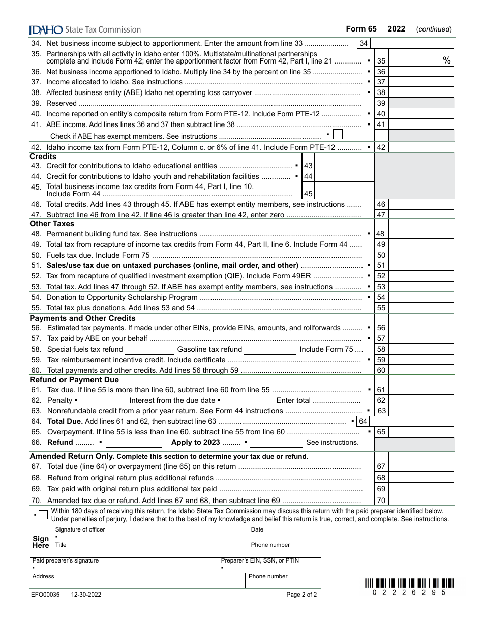 Form 65 (EFO00035) Partnership Return of Income - Idaho, Page 2