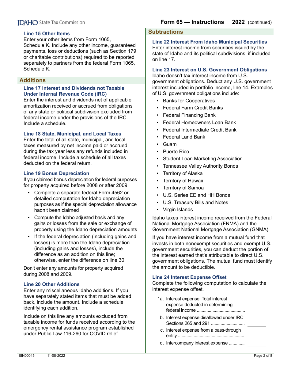 Form 65 (EFO00035) Partnership Return of Income - Idaho, Page 4