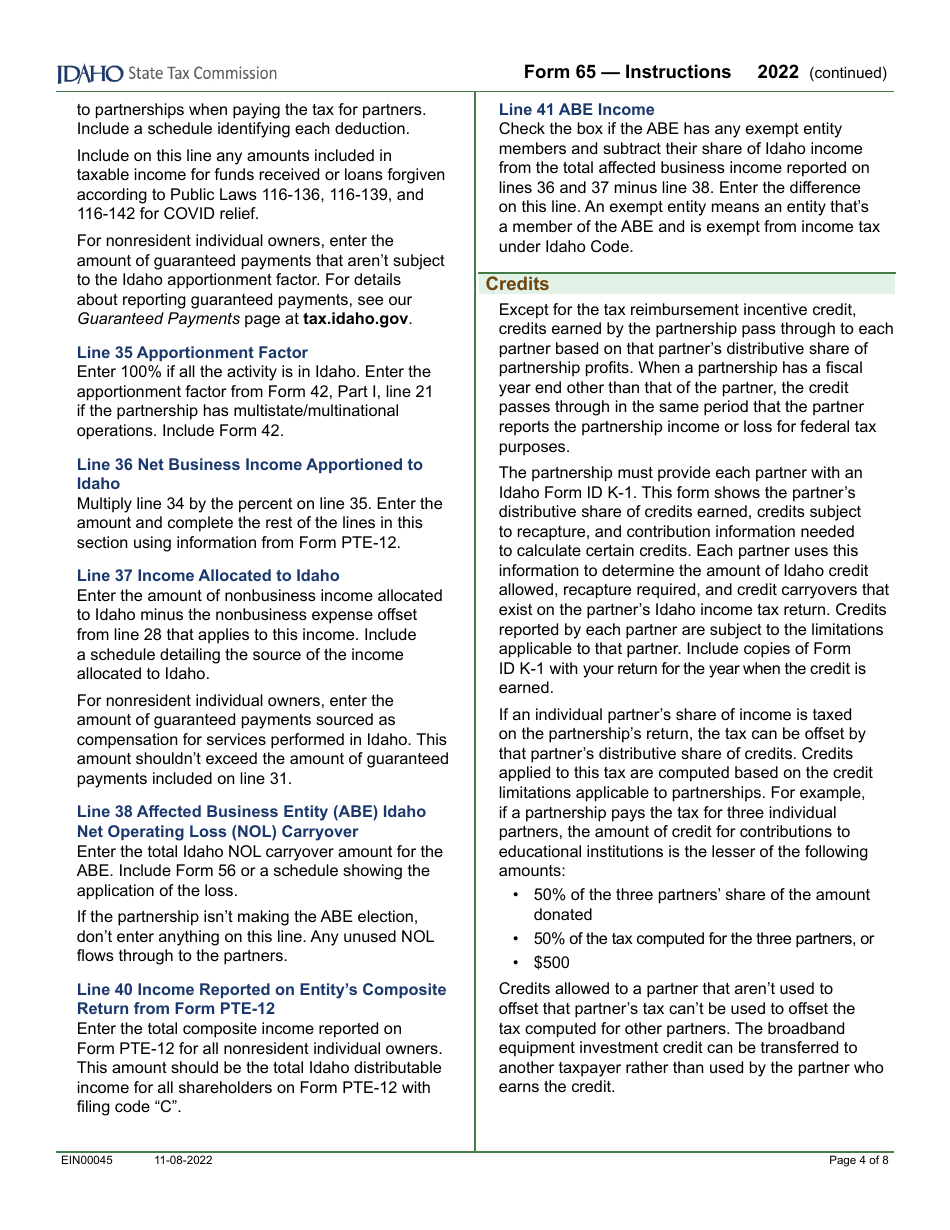Form 65 (EFO00035) Partnership Return of Income - Idaho, Page 6