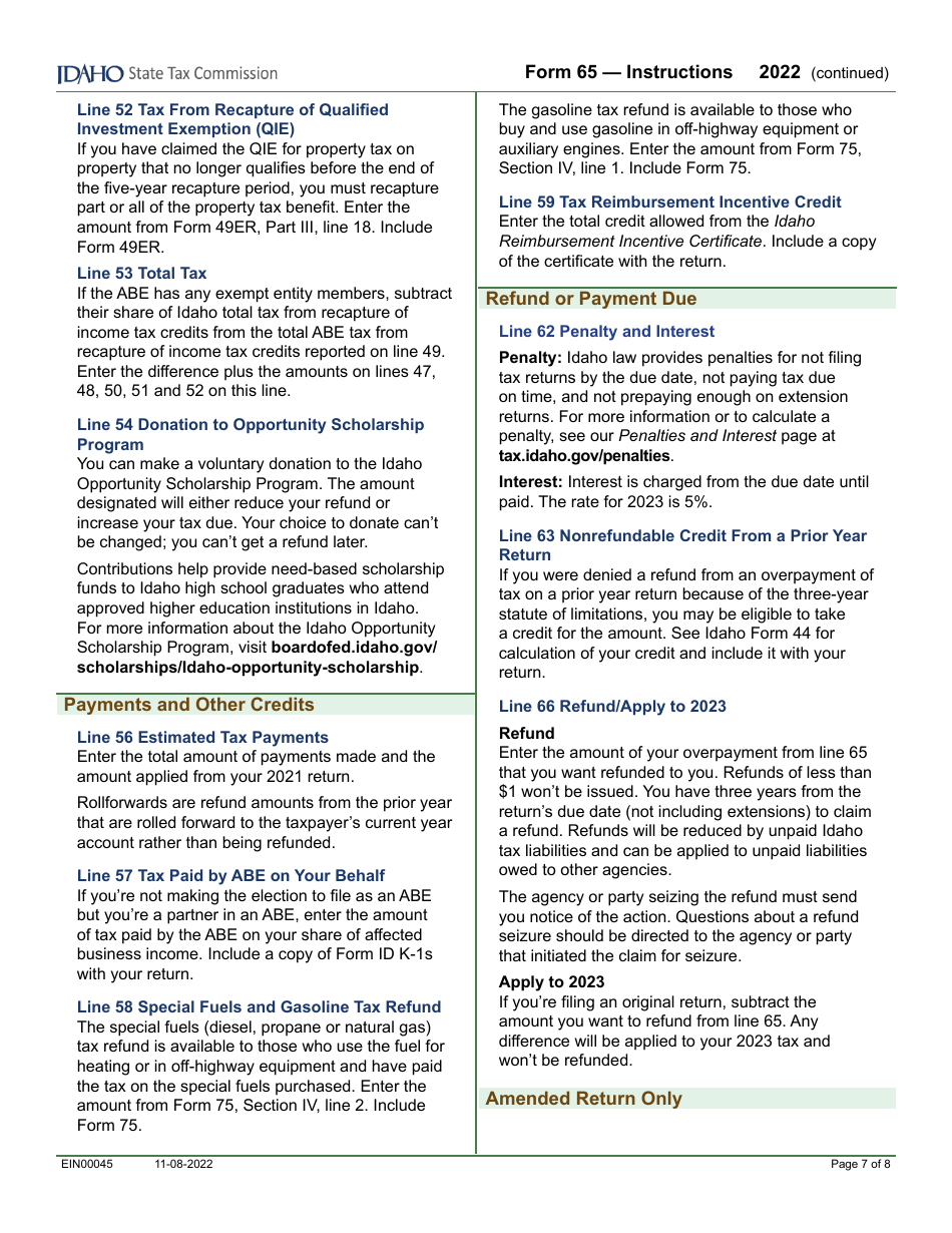 Form 65 (EFO00035) Partnership Return of Income - Idaho, Page 9