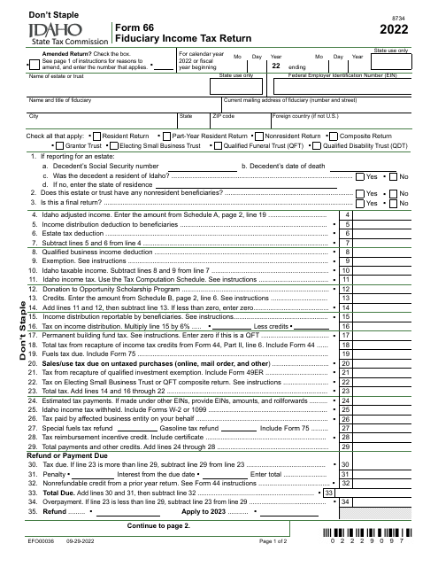 Form 66 (EFO00036) Fiduciary Income Tax Return - Idaho, 2022