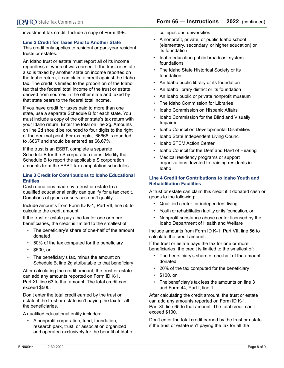 Form 66 (EFO00036) Fiduciary Income Tax Return - Idaho, Page 10