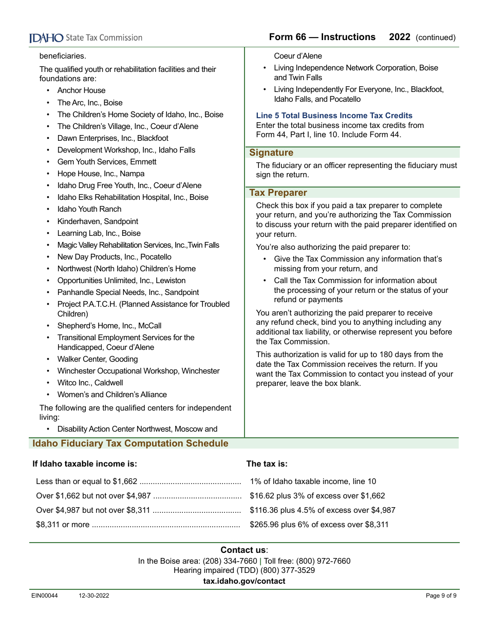 Form 66 (EFO00036) Fiduciary Income Tax Return - Idaho, Page 11
