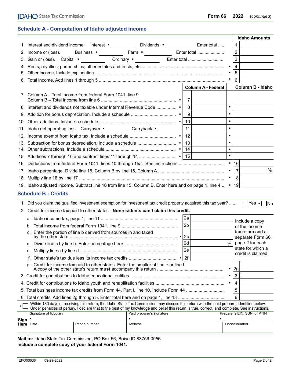 Form 66 (EFO00036) Fiduciary Income Tax Return - Idaho, Page 2