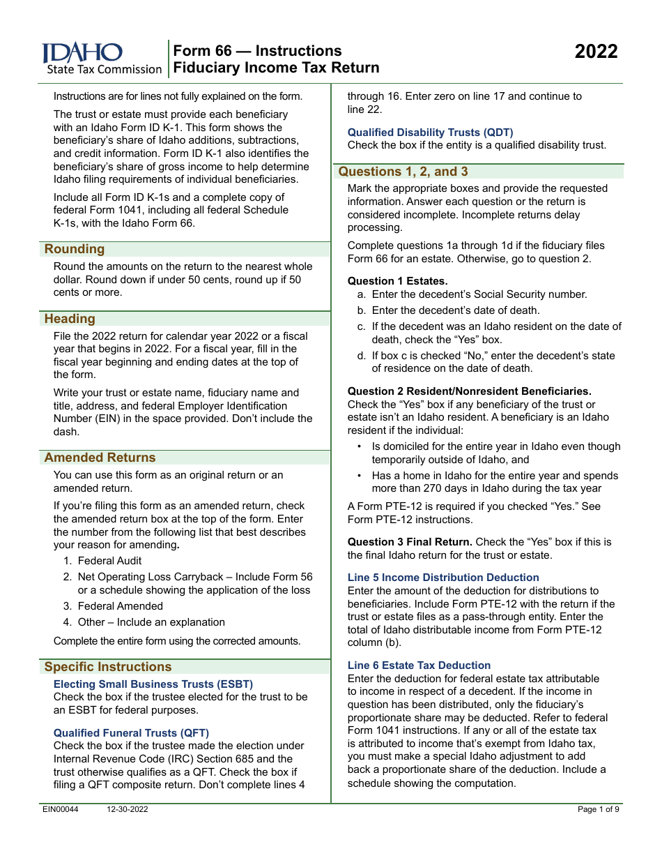 Form 66 (EFO00036) Fiduciary Income Tax Return - Idaho, Page 3