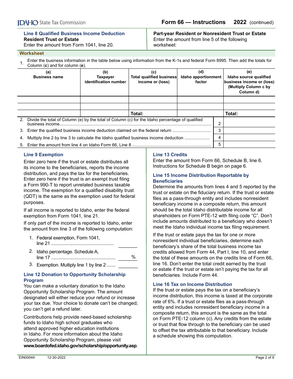 Form 66 (EFO00036) Fiduciary Income Tax Return - Idaho, Page 4