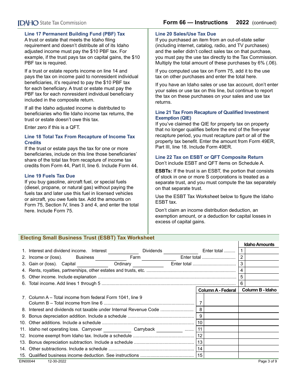 Form 66 (EFO00036) Fiduciary Income Tax Return - Idaho, Page 5