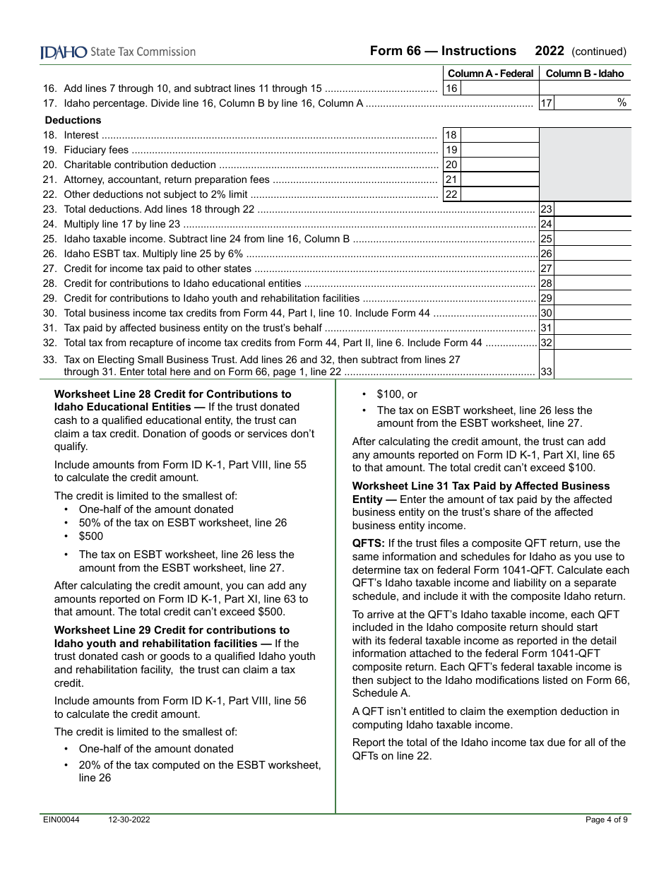 Form 66 (EFO00036) Fiduciary Income Tax Return - Idaho, Page 6