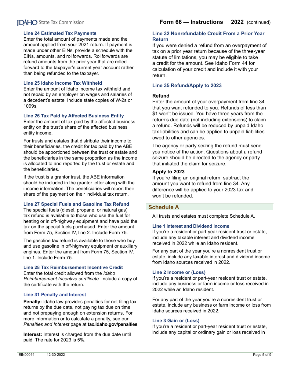 Form 66 (EFO00036) Fiduciary Income Tax Return - Idaho, Page 7