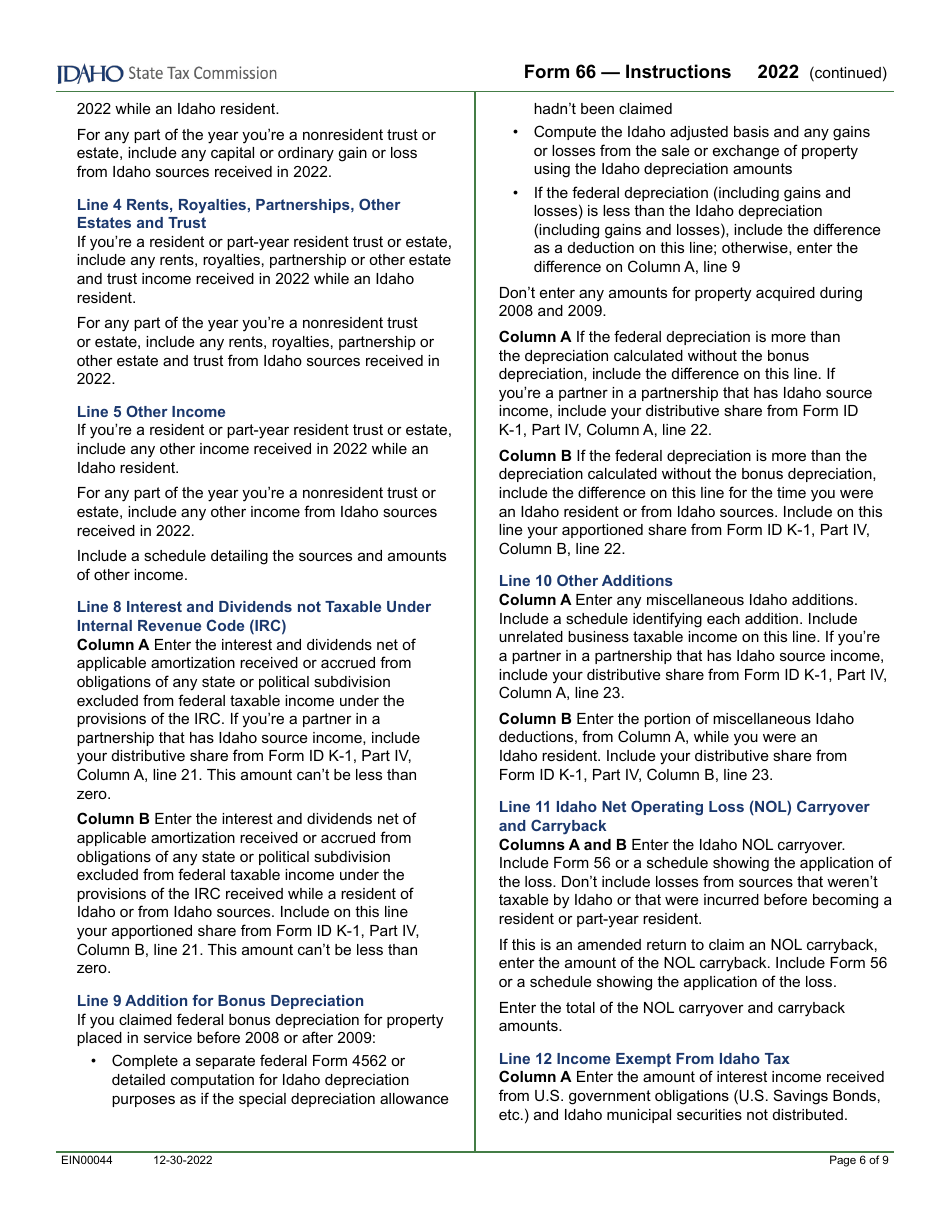 Form 66 (EFO00036) Fiduciary Income Tax Return - Idaho, Page 8