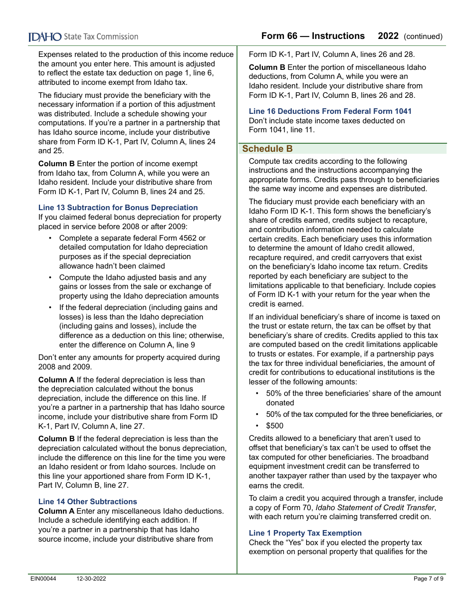 Form 66 (EFO00036) Fiduciary Income Tax Return - Idaho, Page 9