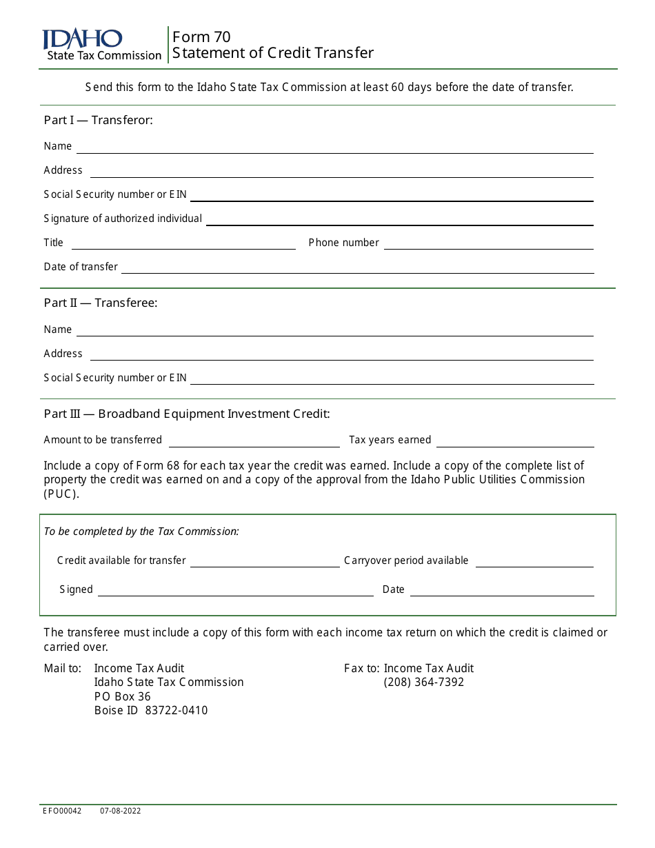 Form 70 (EFO00042) Statement of Credit Transfer - Idaho, Page 1