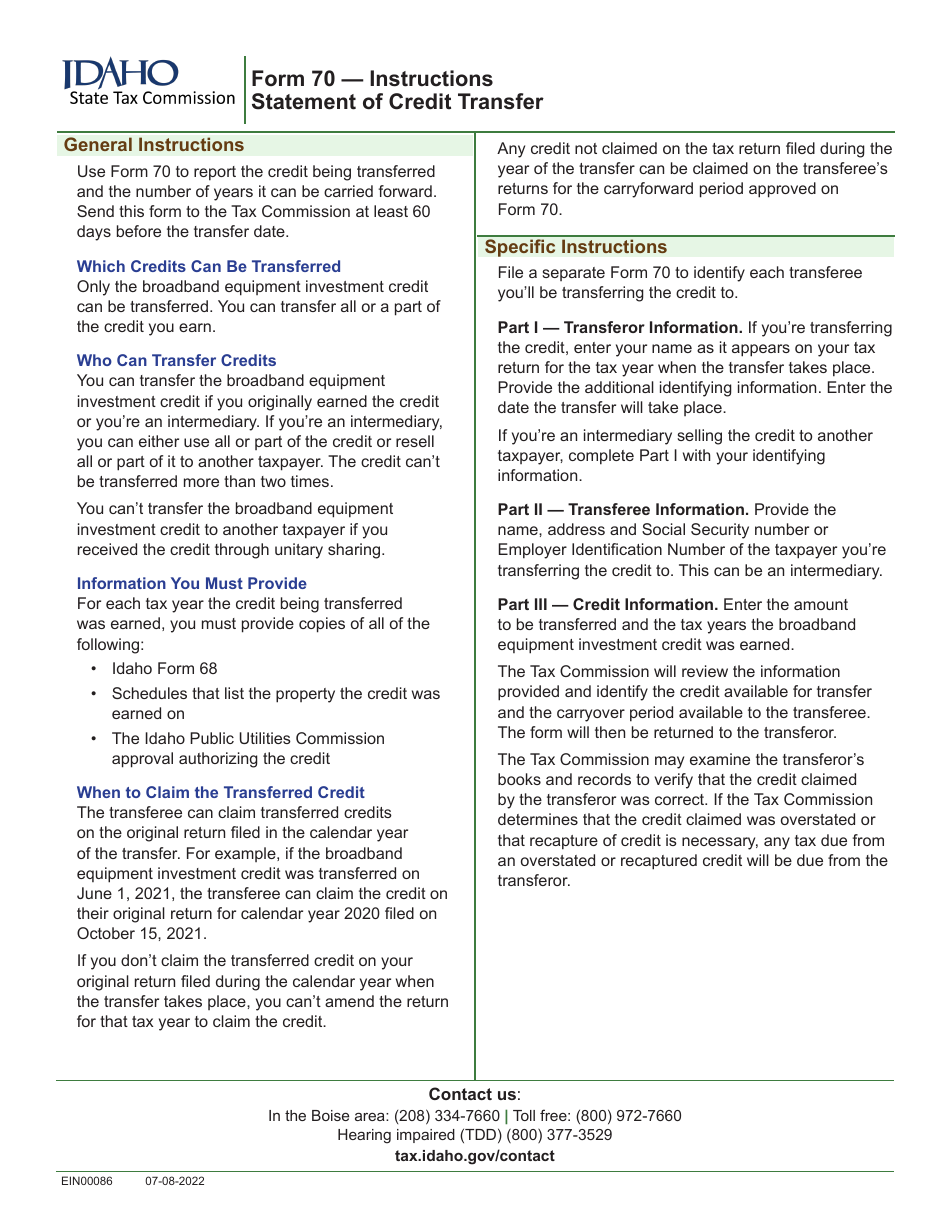 Form 70 (EFO00042) Statement of Credit Transfer - Idaho, Page 2