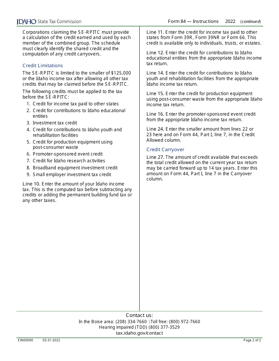 Form 84 (EFO00010) Small Employer Real Property Improvement Tax Credit - Idaho, Page 3