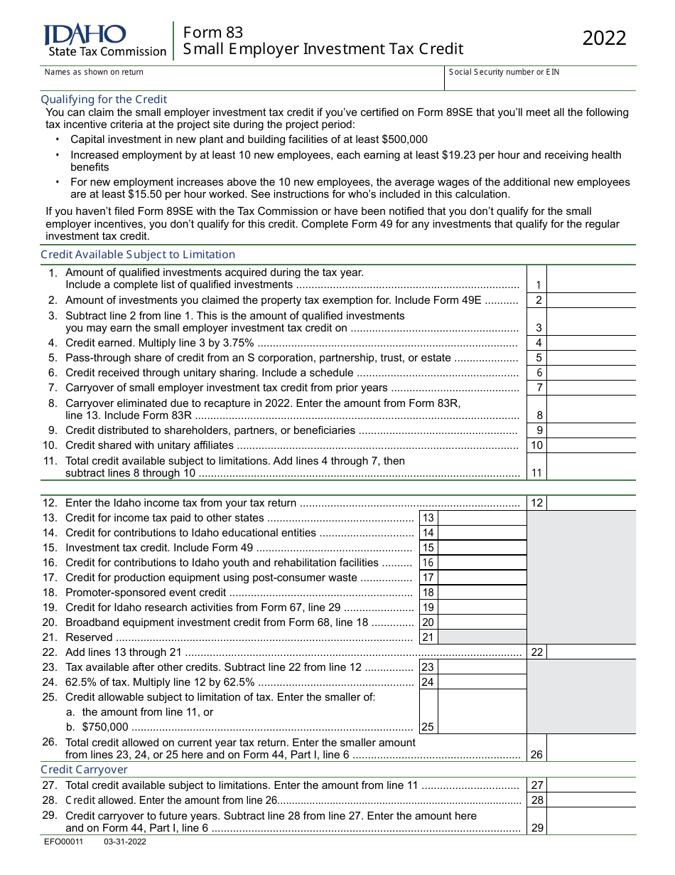 Form 83 (EFO00011) Small Employer New Jobs Tax Credit - Idaho, Page 1