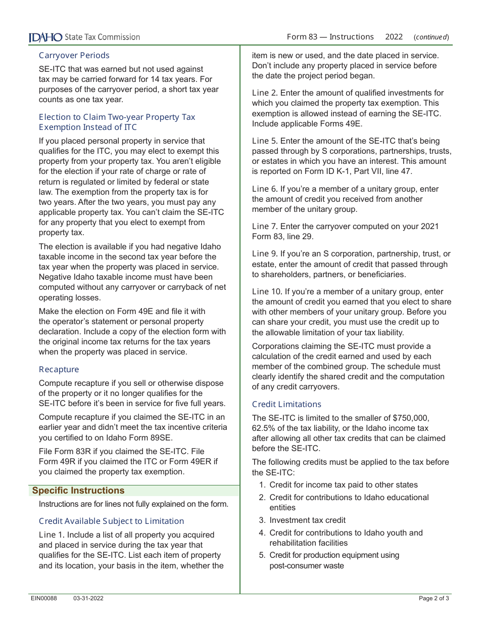 Form 83 (EFO00011) Small Employer New Jobs Tax Credit - Idaho, Page 3