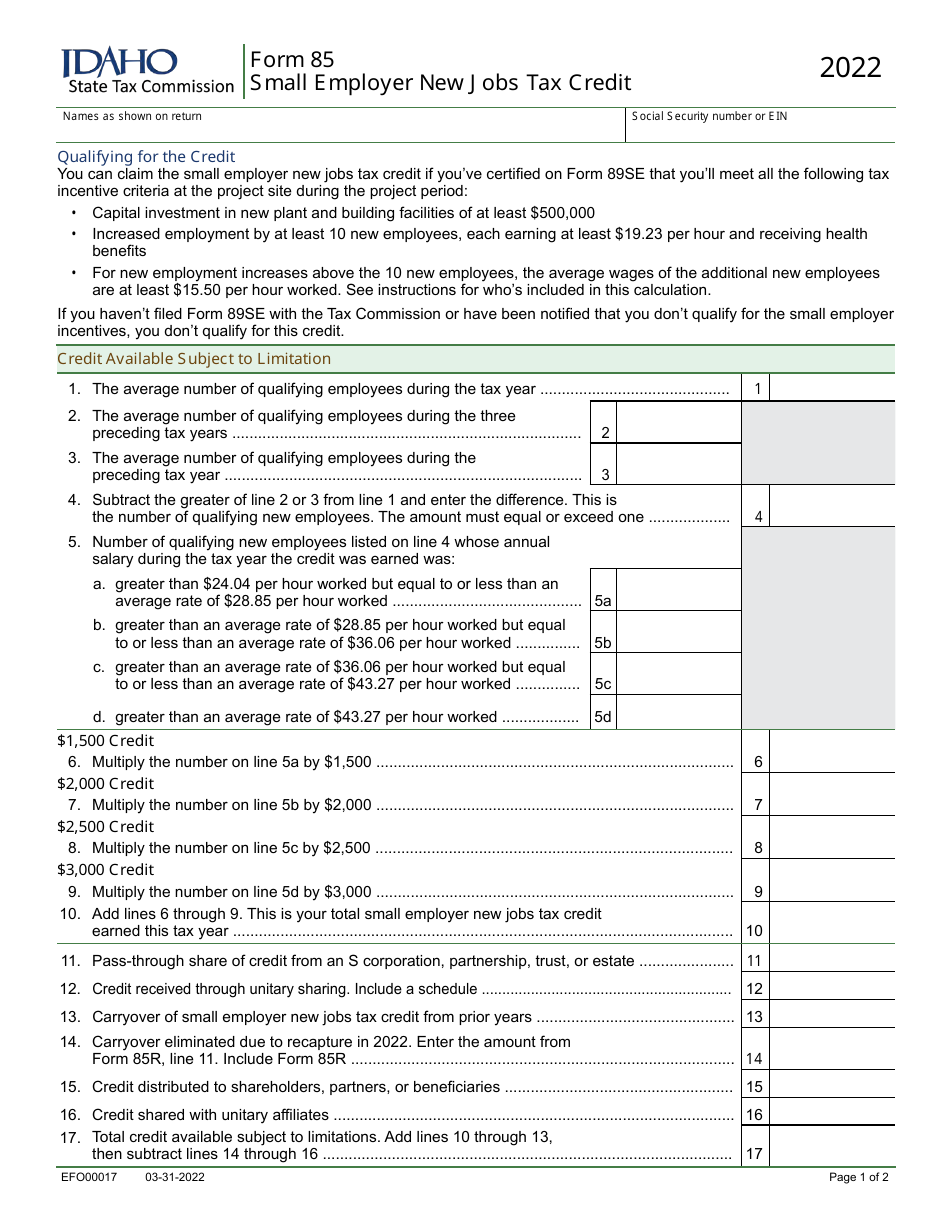 Form 85 (EFO00017) Small Employer New Jobs Tax Credit - Idaho, Page 1