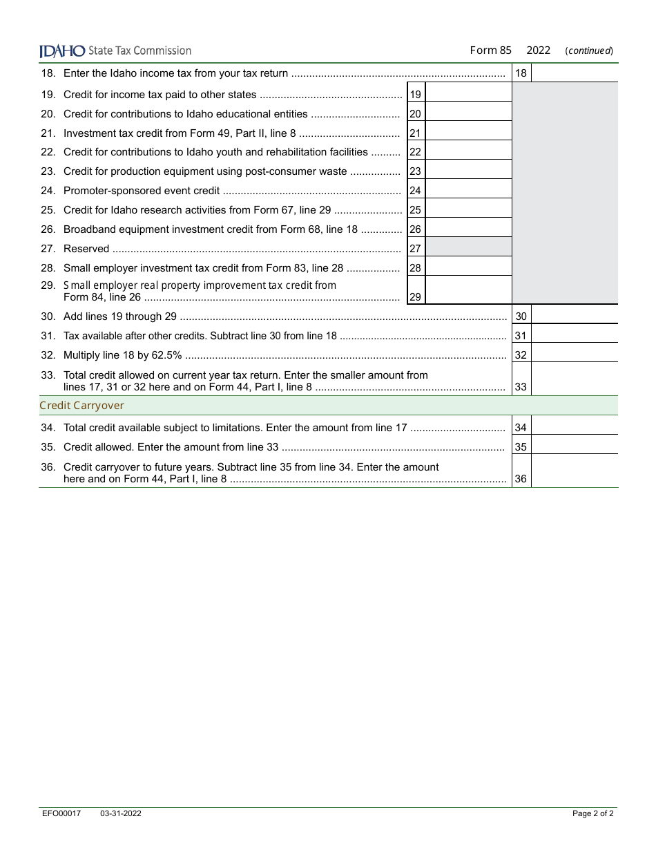 Form 85 (EFO00017) Small Employer New Jobs Tax Credit - Idaho, Page 2