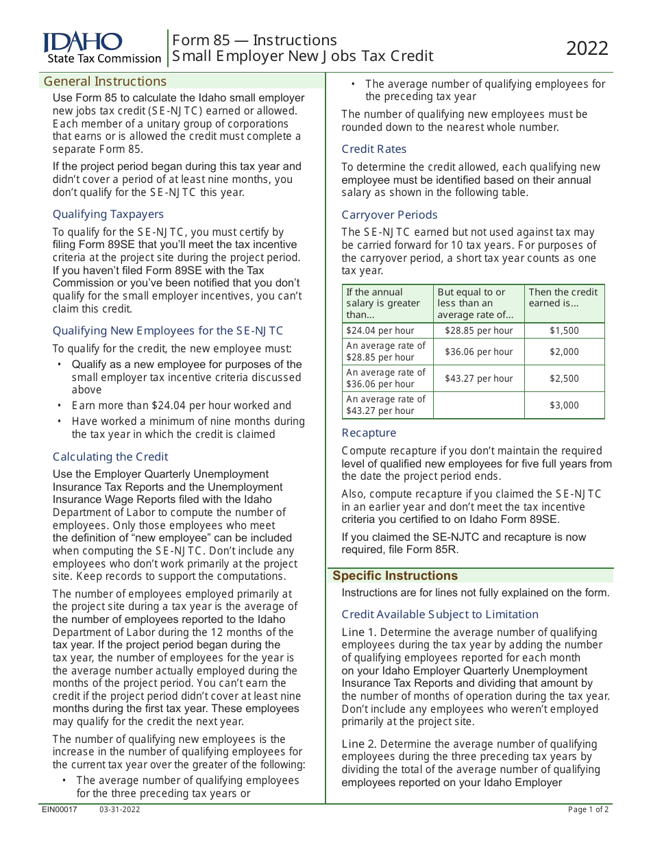 Form 85 (EFO00017) Small Employer New Jobs Tax Credit - Idaho, Page 3