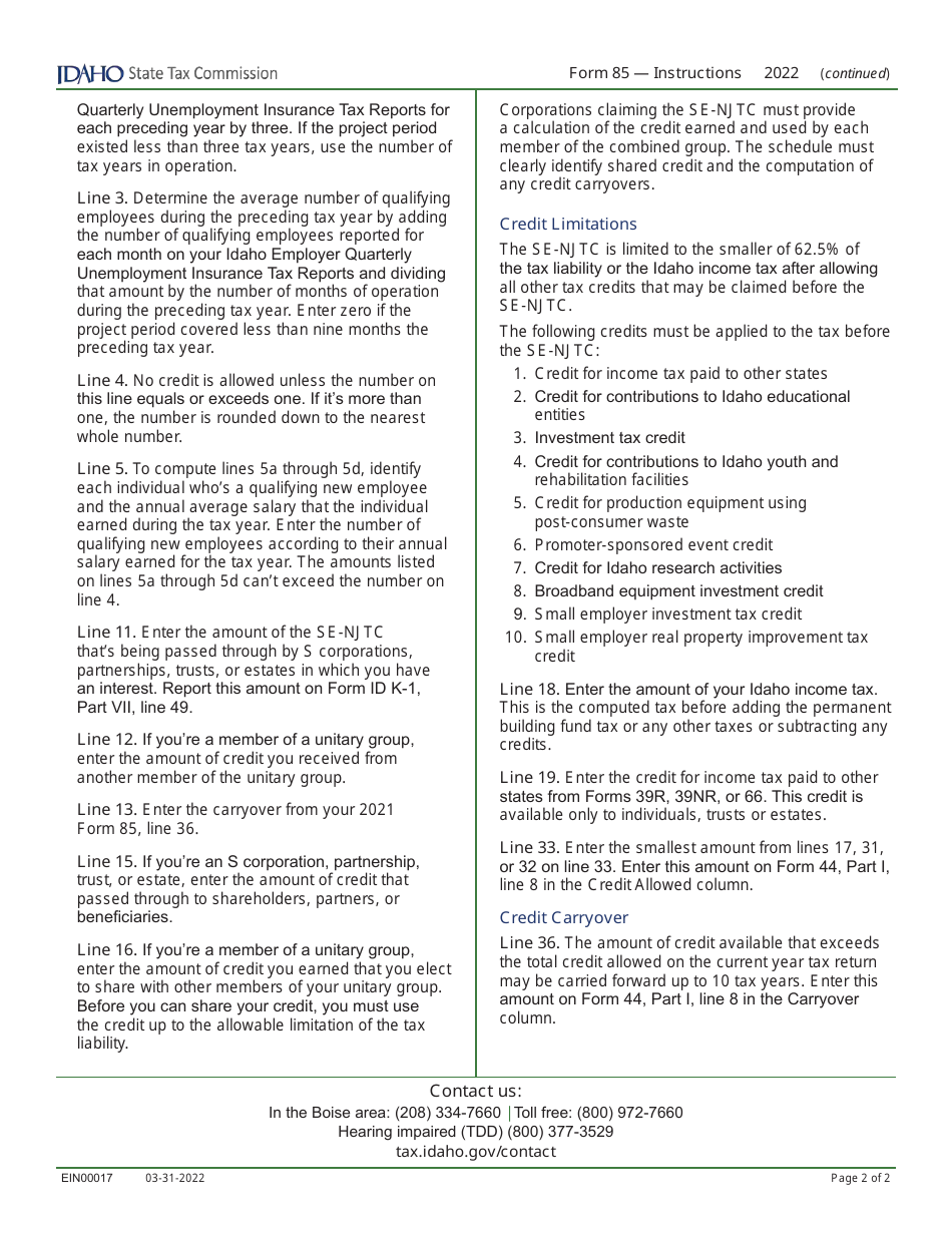 Form 85 (EFO00017) Small Employer New Jobs Tax Credit - Idaho, Page 4