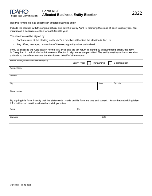 Form ABE (EFO00330) Affected Business Entity Election - Idaho, 2022