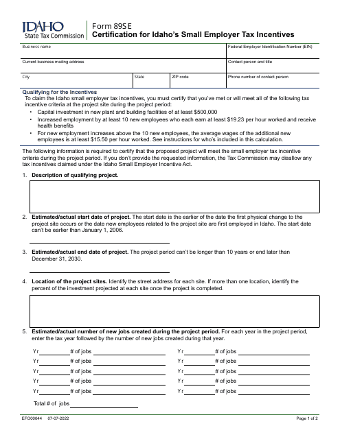 Form 89SE (EFO00044) Certification for Idaho's Small Employer Tax Incentives - Idaho