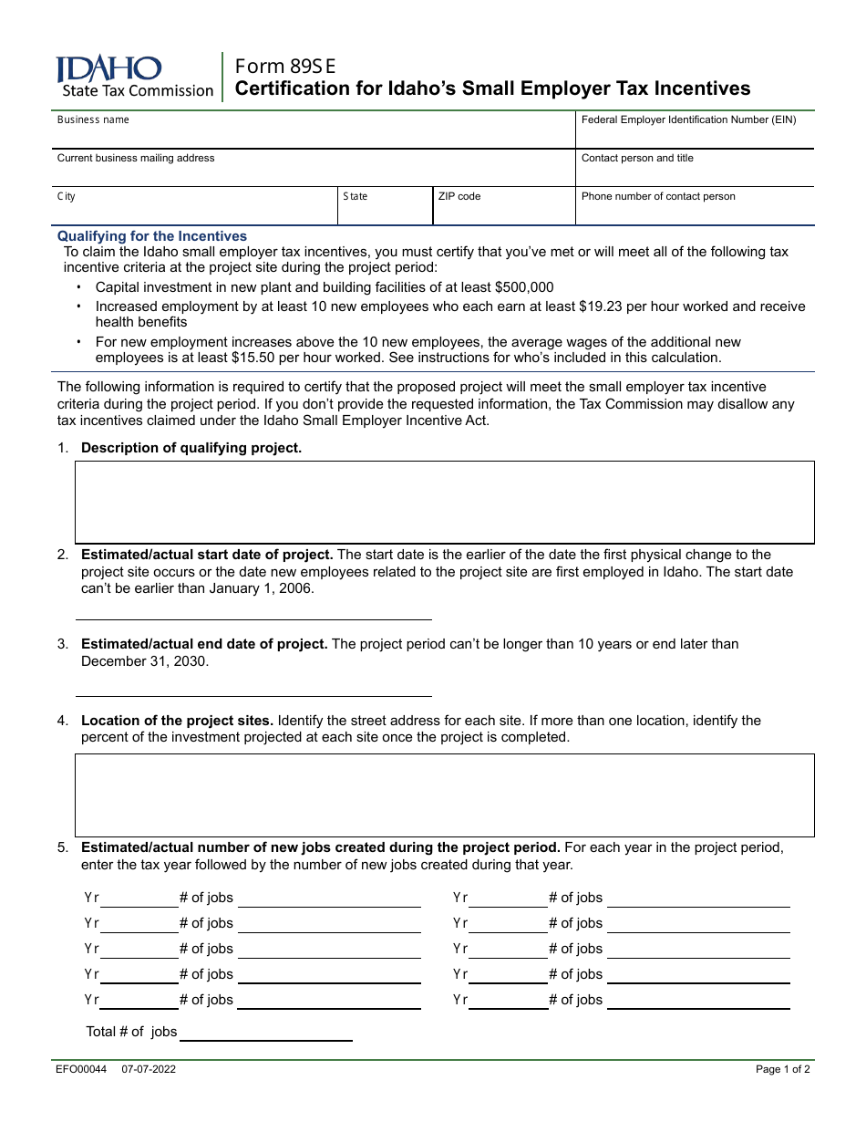 Form 89SE (EFO00044) Certification for Idahos Small Employer Tax Incentives - Idaho, Page 1