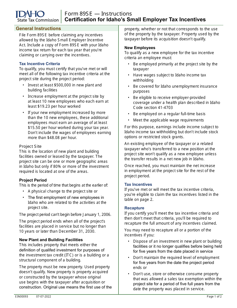 Form 89SE (EFO00044) Certification for Idahos Small Employer Tax Incentives - Idaho, Page 3