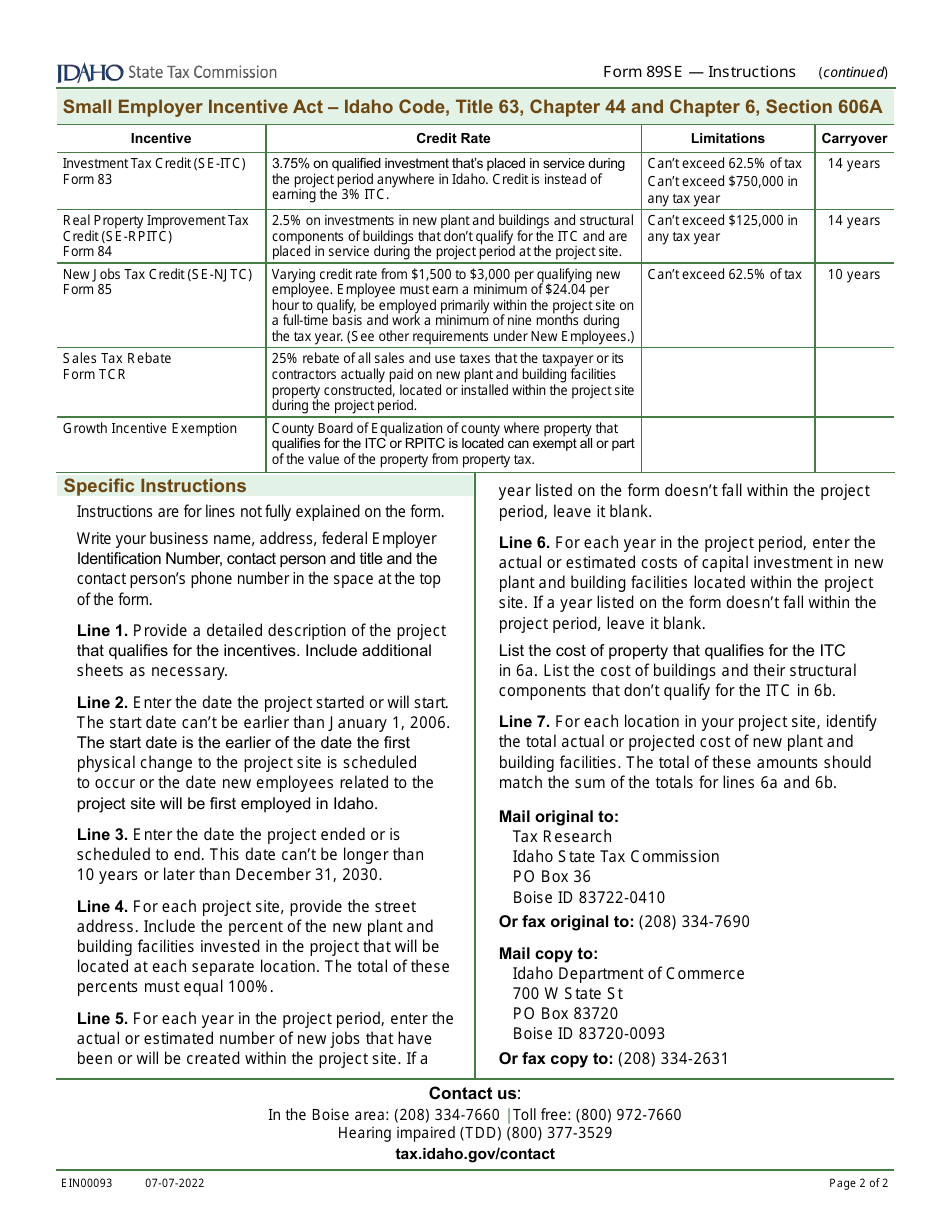 Form 89SE (EFO00044) Certification for Idahos Small Employer Tax Incentives - Idaho, Page 4