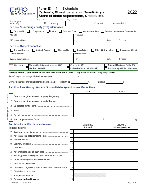 Form ID K-1 (EFO00201) 2022 Printable Pdf