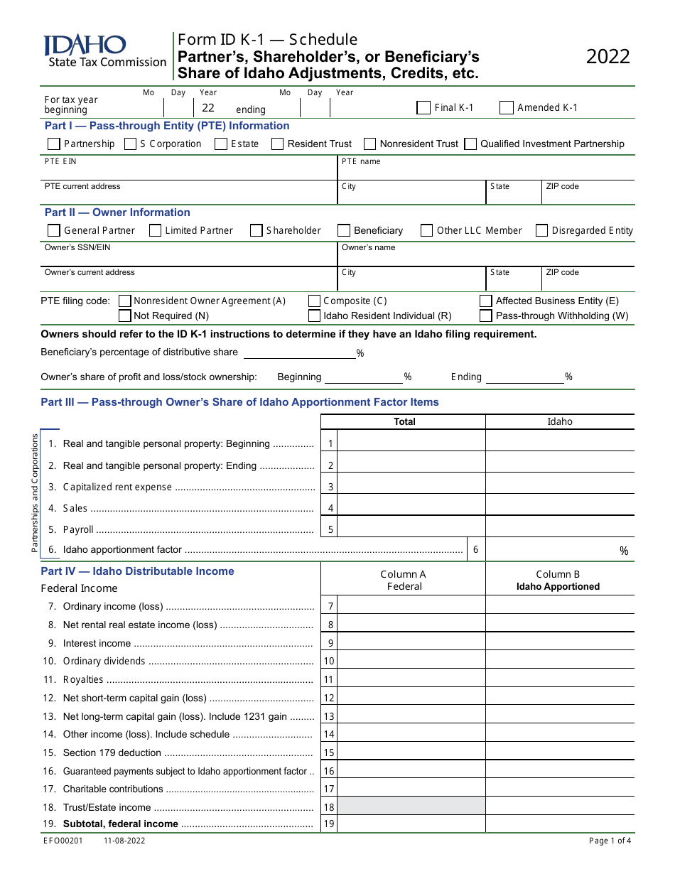 Form ID K-1 (EFO00201) Partners, Shareholders, or Beneficiarys Share of Idaho Adjustments, Credits, Etc. - Idaho, Page 1