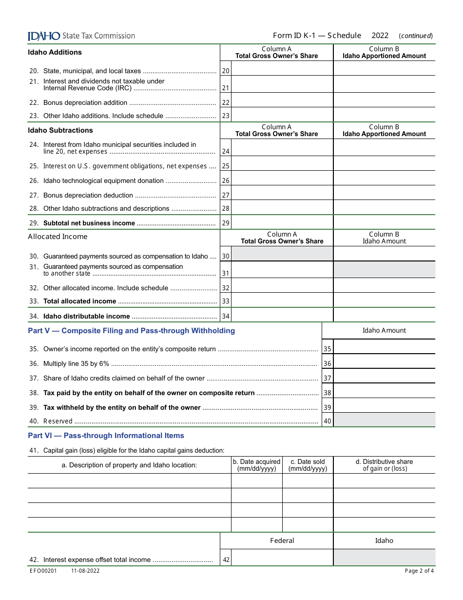 Form ID K-1 (EFO00201) Partners, Shareholders, or Beneficiarys Share of Idaho Adjustments, Credits, Etc. - Idaho, Page 2