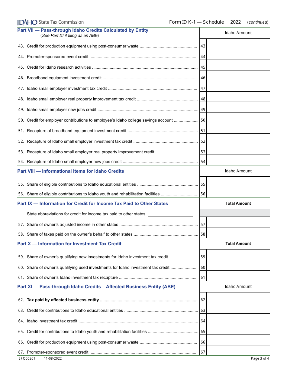 Form ID K-1 (EFO00201) Partners, Shareholders, or Beneficiarys Share of Idaho Adjustments, Credits, Etc. - Idaho, Page 3