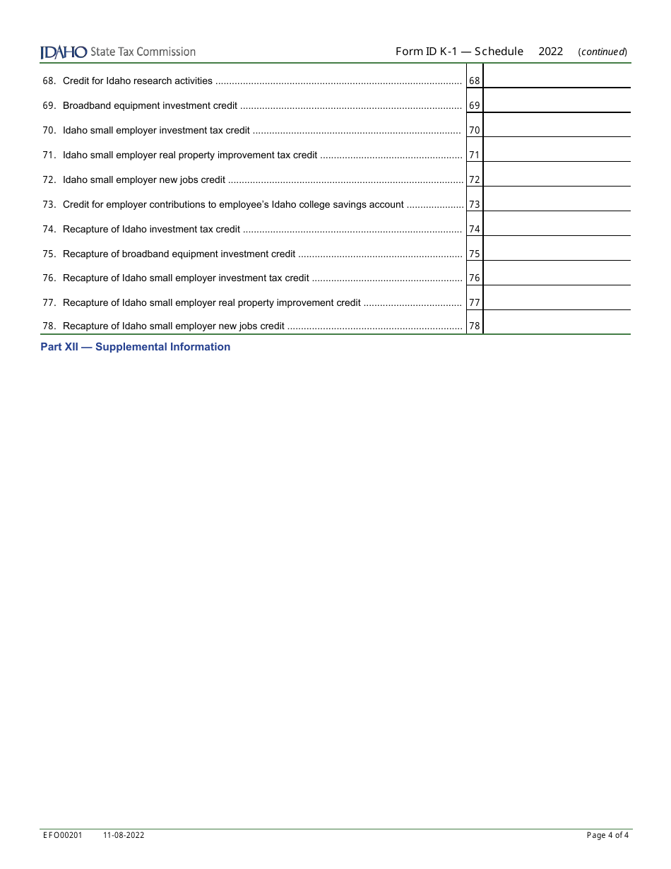 Form ID K-1 (EFO00201) Partners, Shareholders, or Beneficiarys Share of Idaho Adjustments, Credits, Etc. - Idaho, Page 4