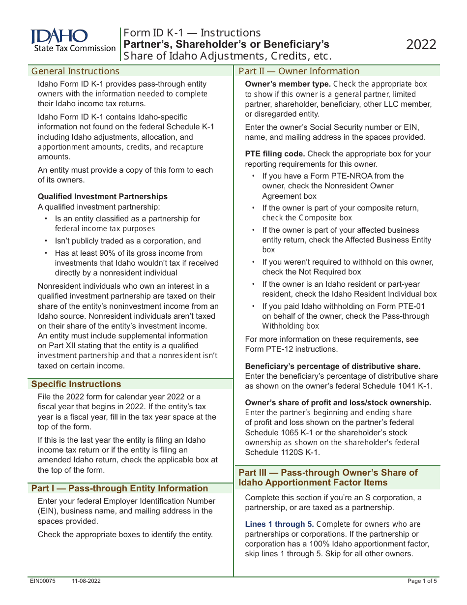 Form ID K-1 (EFO00201) Partners, Shareholders, or Beneficiarys Share of Idaho Adjustments, Credits, Etc. - Idaho, Page 5