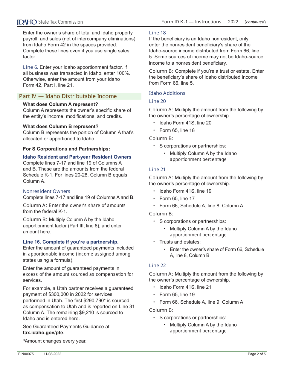 Form ID K-1 (EFO00201) Partners, Shareholders, or Beneficiarys Share of Idaho Adjustments, Credits, Etc. - Idaho, Page 6