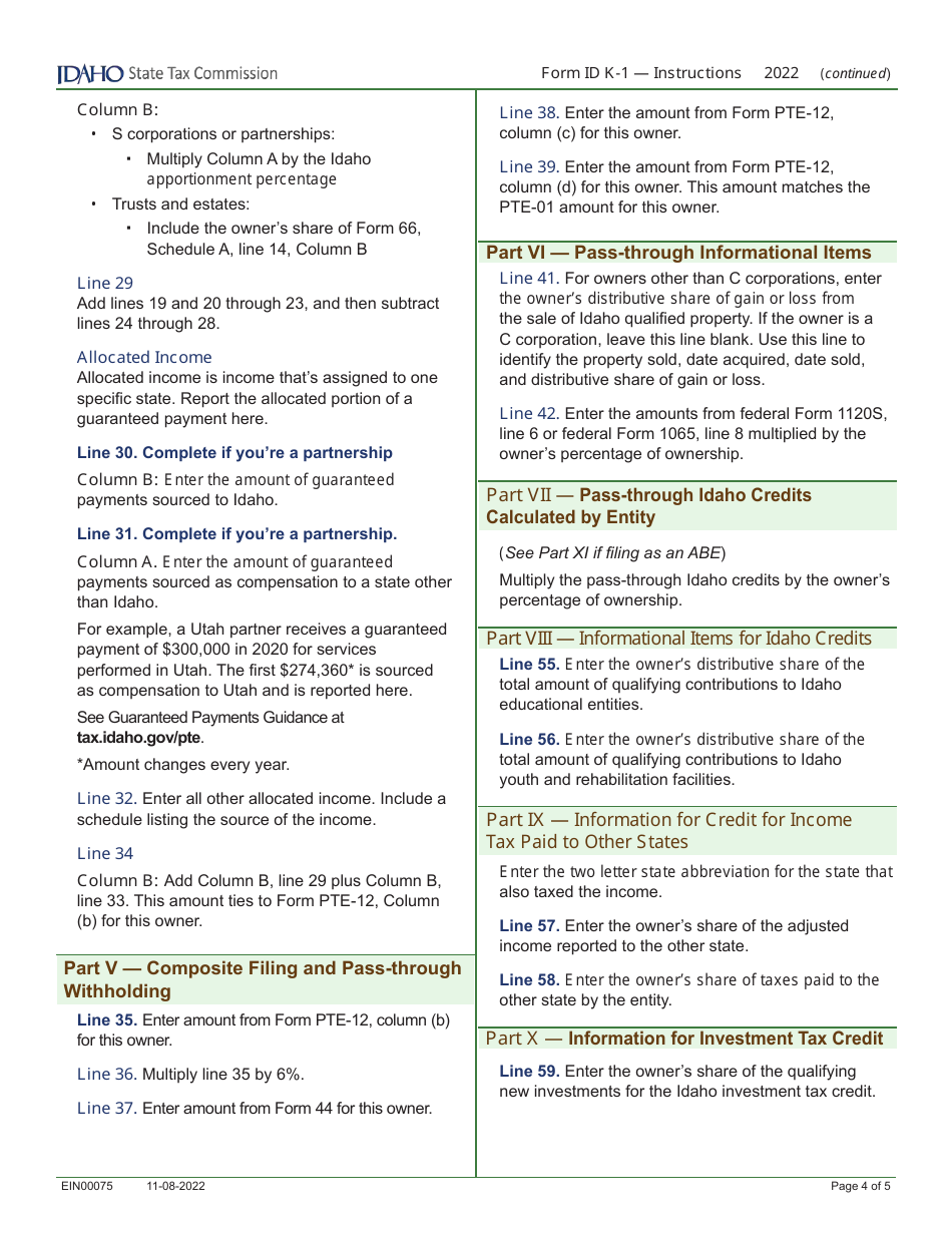 Form ID K-1 (EFO00201) Partners, Shareholders, or Beneficiarys Share of Idaho Adjustments, Credits, Etc. - Idaho, Page 8