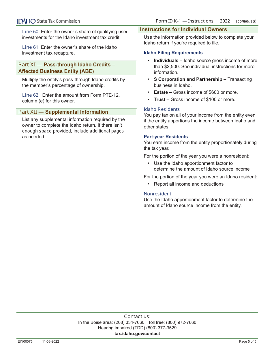 Form ID K-1 (EFO00201) Partners, Shareholders, or Beneficiarys Share of Idaho Adjustments, Credits, Etc. - Idaho, Page 9