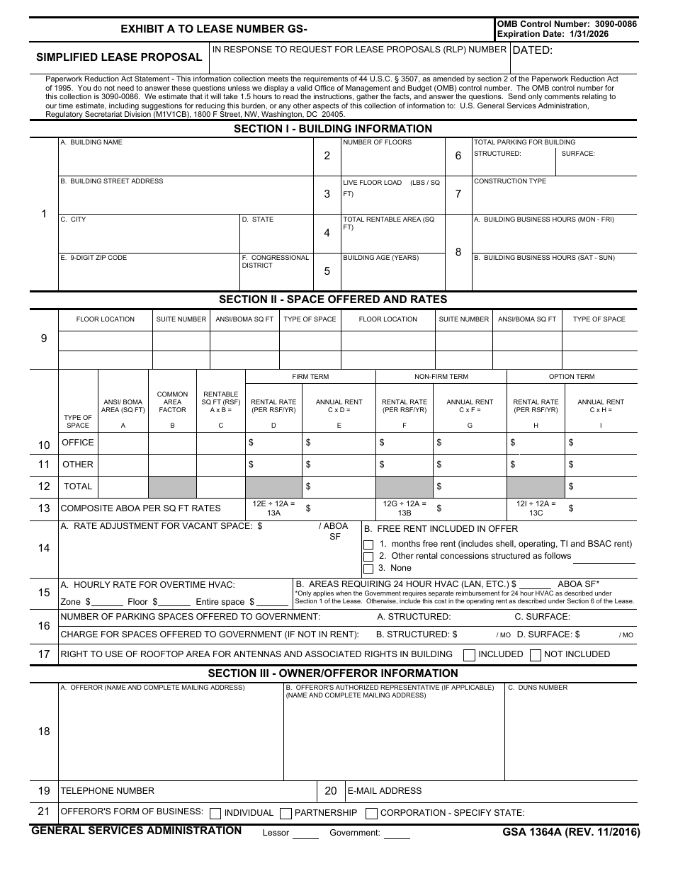 GSA Form 1364A Simplified Lease Proposal, Page 1