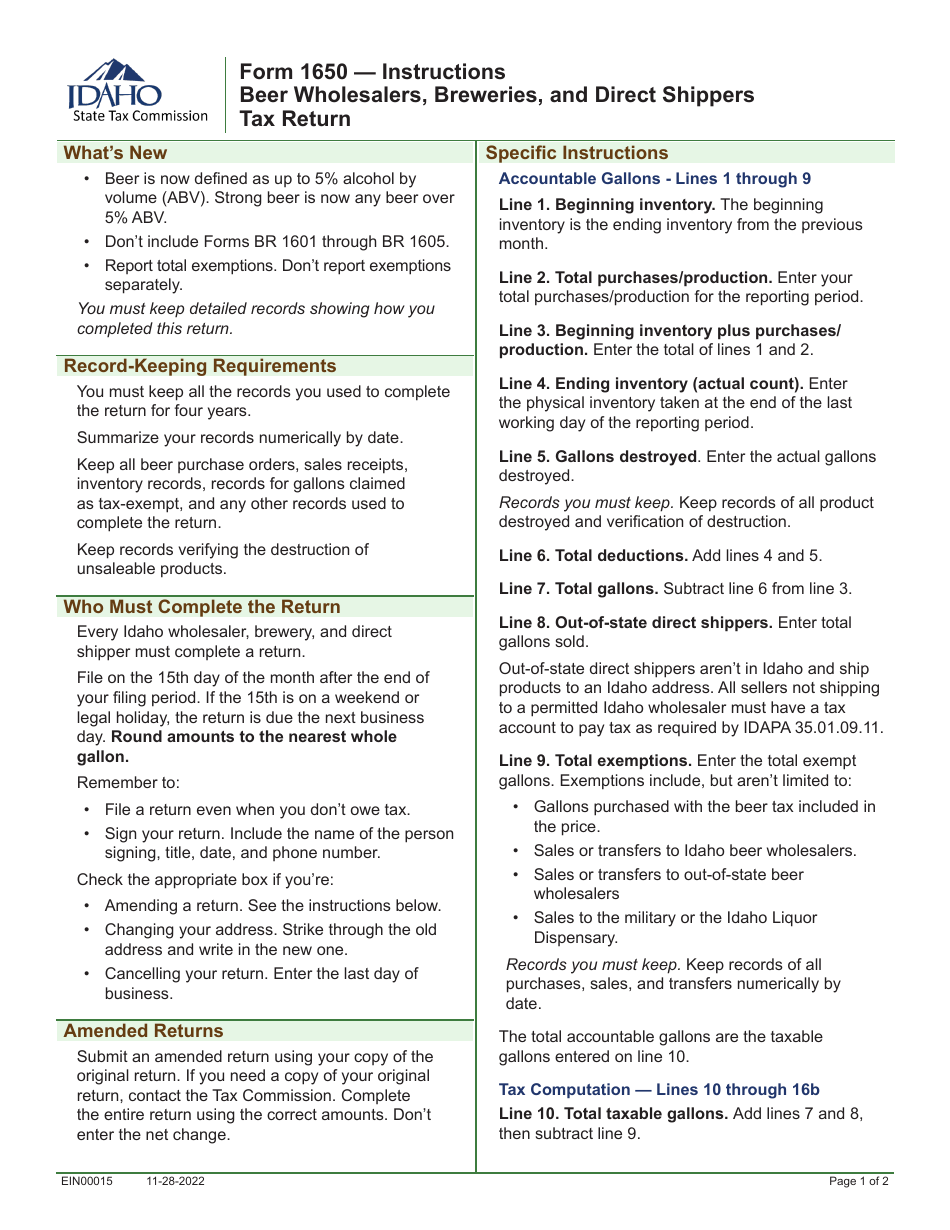 Instructions for Form 1650 Beer Wholesalers, Breweries, and Direct Shippers Tax Return - Idaho, Page 1