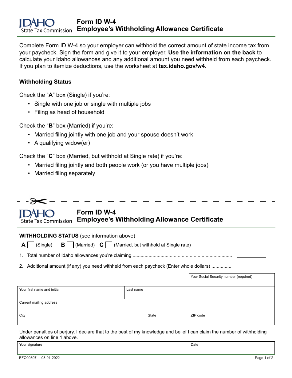Form ID W4 (EFO00307) 2023 Fill Out, Sign Online and Download