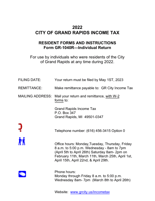 Form GR-1040R Resident Individual Tax Return - City of Grand Rapids, Michigan, 2022