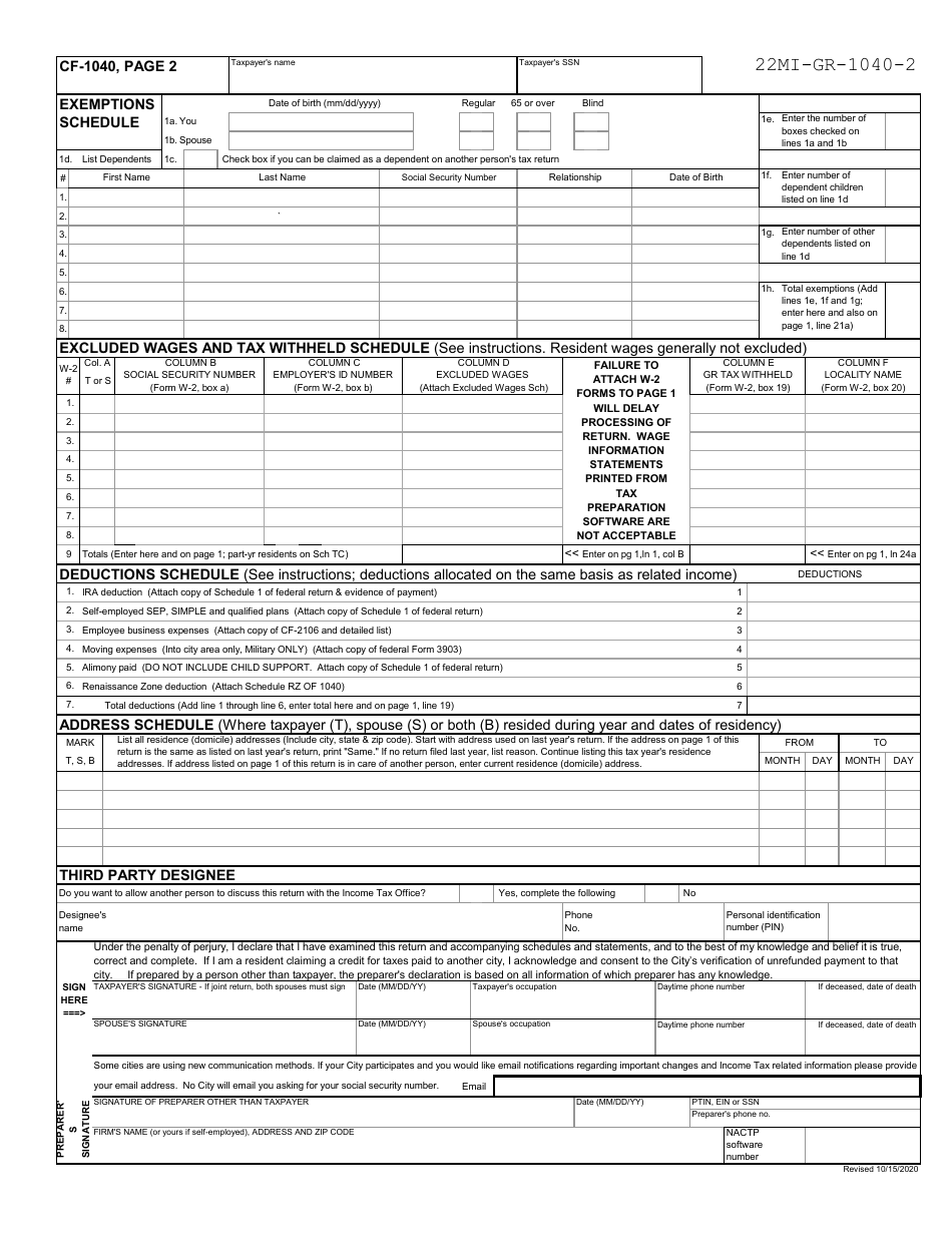 Form Gr 1040r Download Printable Pdf Or Fill Online Resident Individual Tax Return 2022 City 8104