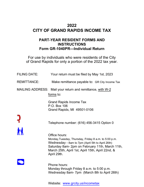 Form GR-1040PR Part-Year Resident Individual Tax Return - City of Grand Rapids, Michigan, 2022