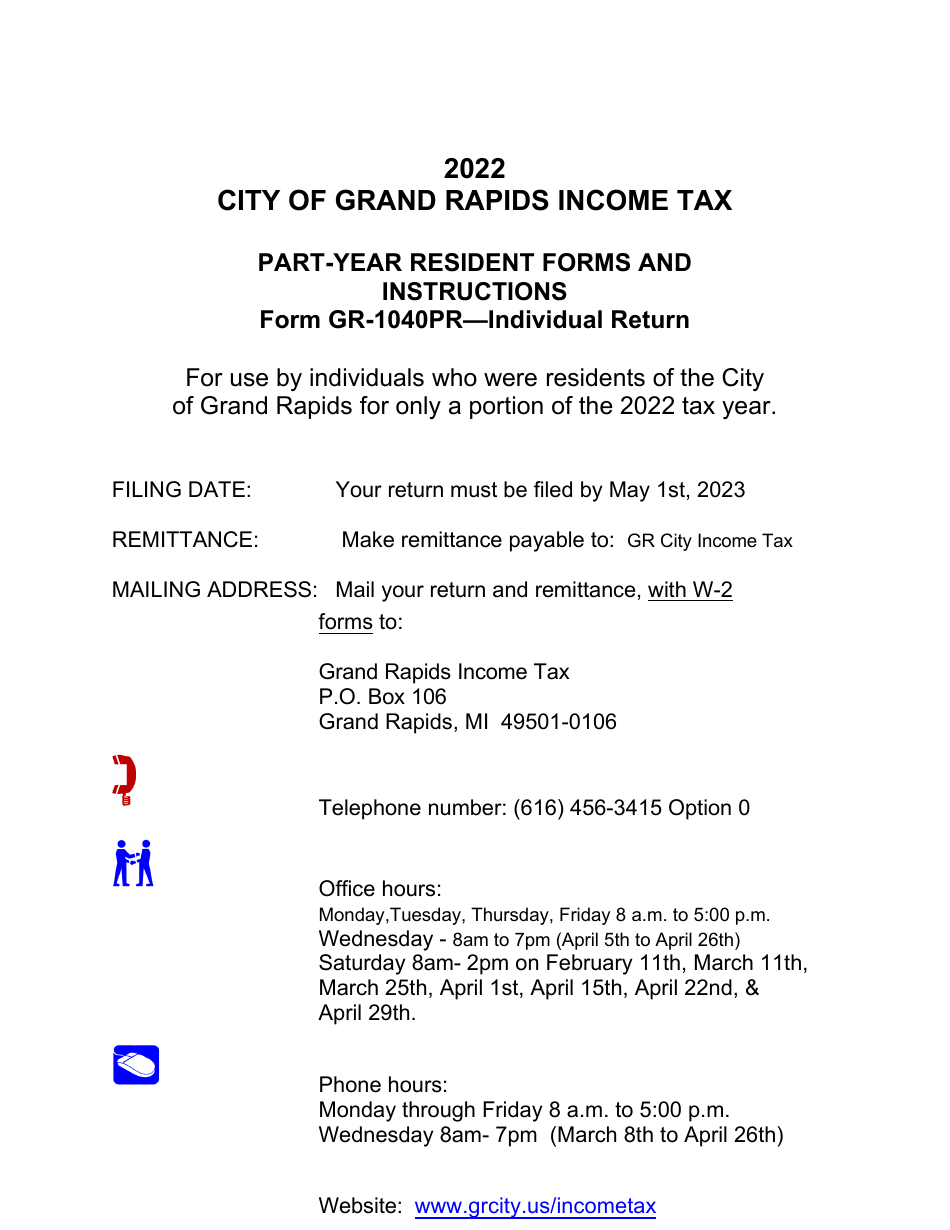Form GR-1040PR Part-Year Resident Individual Tax Return - City of Grand Rapids, Michigan, Page 1