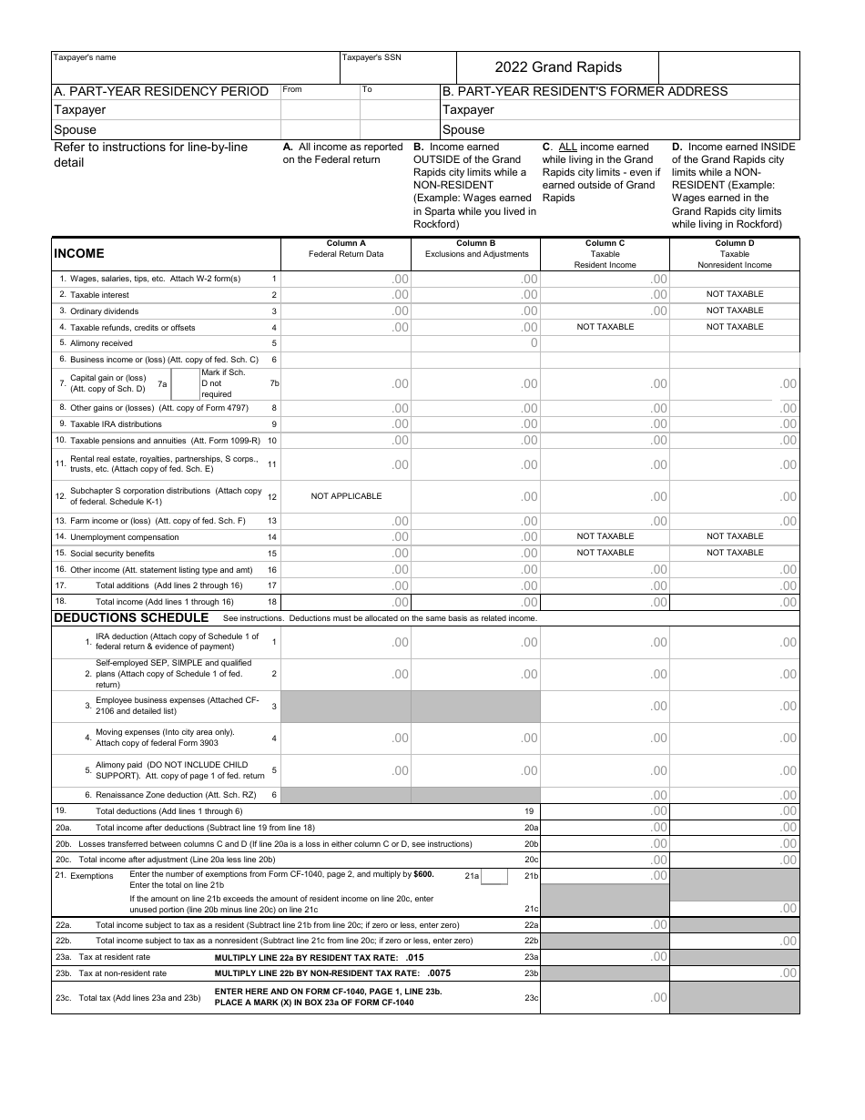 Form GR-1040PR Part-Year Resident Individual Tax Return - City of Grand Rapids, Michigan, Page 3
