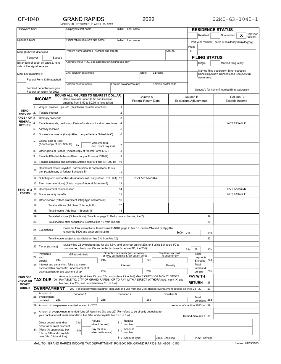 Form GR-1040PR Part-Year Resident Individual Tax Return - City of Grand Rapids, Michigan, Page 4